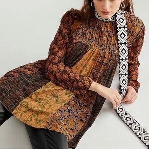 Free People Merrie Mix Print Tunic in Bronzed Combo, size S NWT